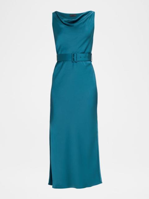 Cowl-Neck Satin Belted Sleeveless Midi Dress