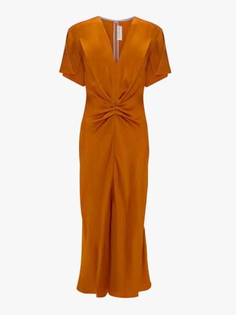 Gathered V-Neck Midi Dress In Sunset Orange