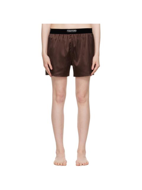 Brown Stretch Silk Satin Boxer Shorts