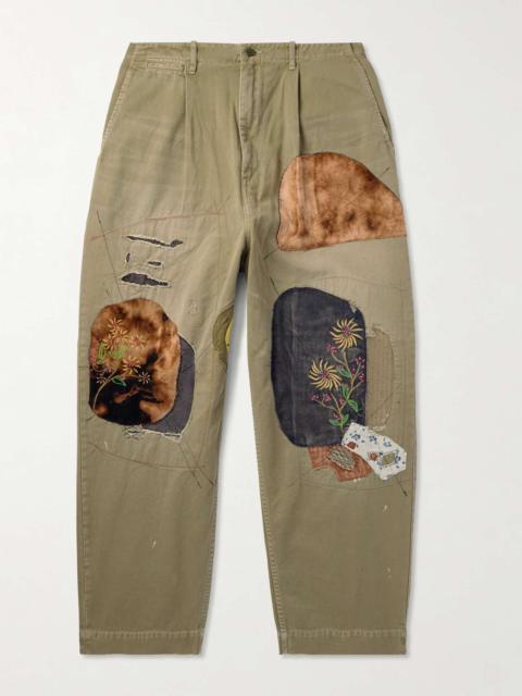 Katsuragi Tapered Appliquéd Distressed Cotton-Twill Trousers