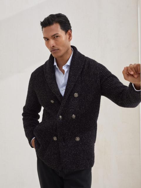 Mouliné virgin wool, silk and cashmere half English rib one-and-a-half breasted cardigan with metal 