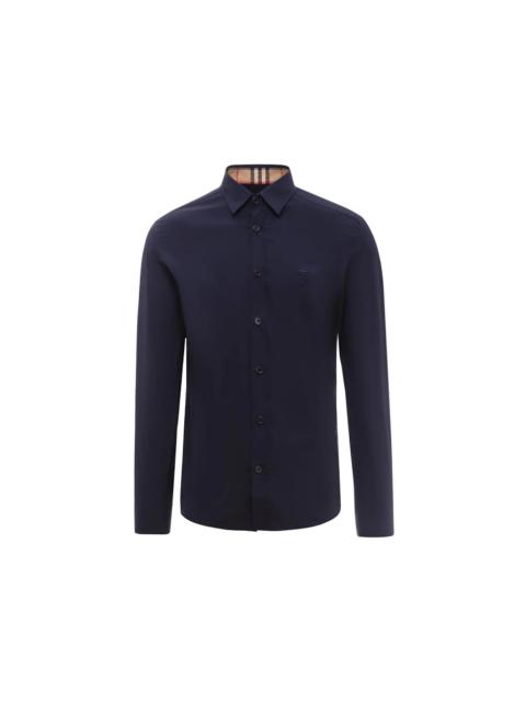 Burberry Slim Fit Monogram Motif Stretch Cotton Poplin Shirt Navy