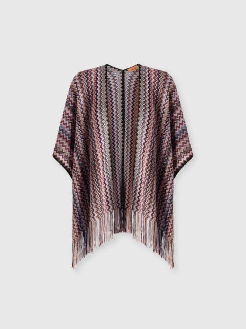 Zigzag viscose-blend poncho with fringes
