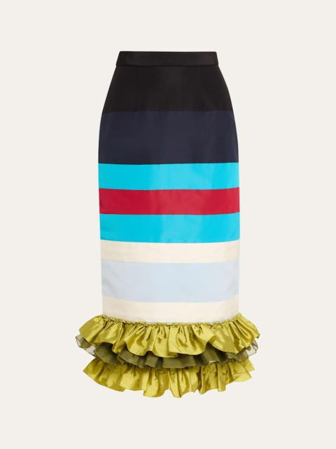 Striped Embroidered Ruffle-Hem Midi Skirt