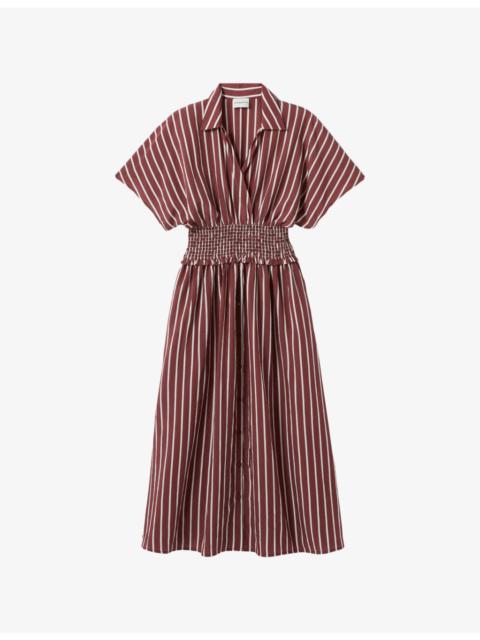 Striped Shirred-Waist Woven Midi Dress