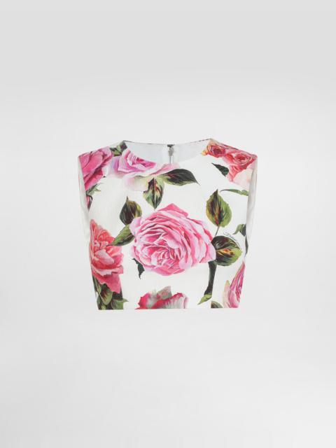 Cotton jacquard crop top with rose print