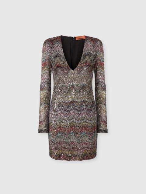 Mini Dress with V-Neck and Zigzag Pattern