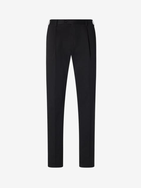 Black one-pleat stretch cotton gabardine trousers