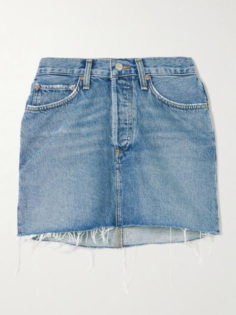 V-Waist frayed denim mini skirt Mid denim