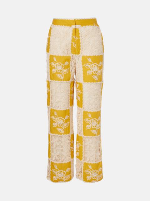 Lace-trimmed cotton straight pants