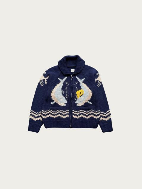 Hand Knit PECKISH TROUT ZIP Cardigan - Navy