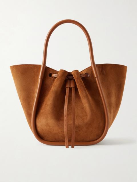Small Leather-trimmed Ruched Suede Tote