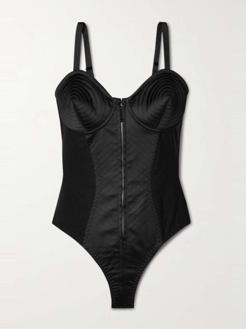 Crepe-trimmed quilted satin thong bodysuit