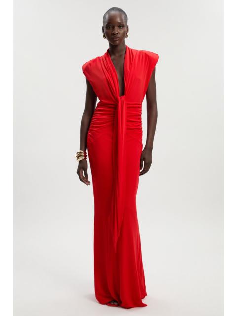 Plunge Ruched Twist Jersey Maxi Dress