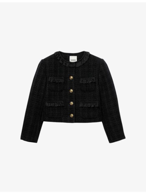 Ruffled-Trim Button-Down Tweed Jacket