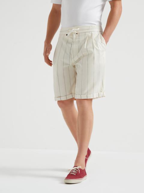 Wool and Sea Island cotton chalk stripe gabardine Bermuda shorts with drawstring and double pleats
