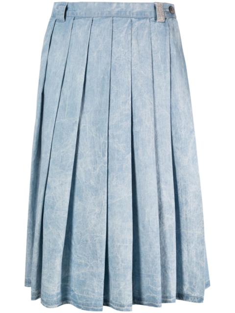 distressed pleated denim skirt