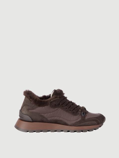Suede and techno fabric runners with shearling lining and monili