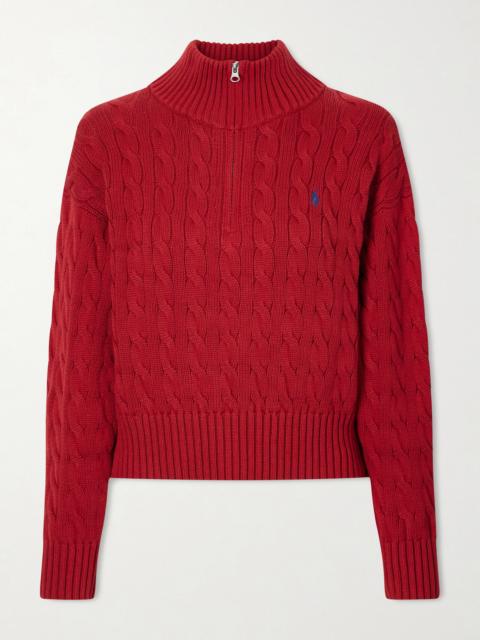 Embroidered Cable-knit Cotton Half-zip Sweater