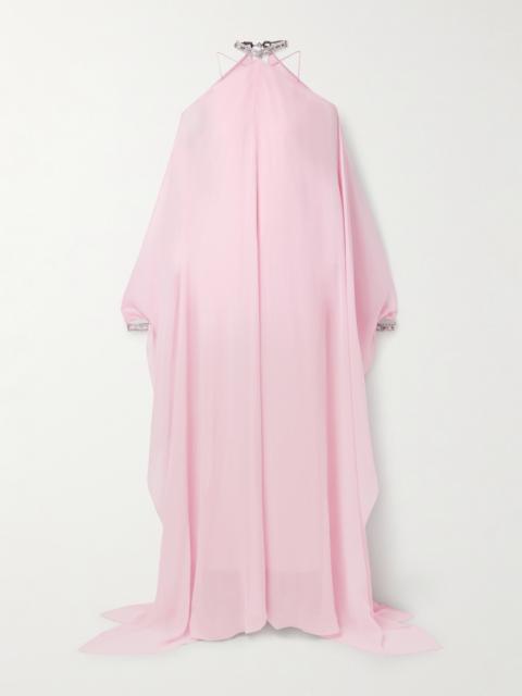 Sza Sza Cape-effect Cold-shoulder Crystal-embellished Silk-crepon Gown