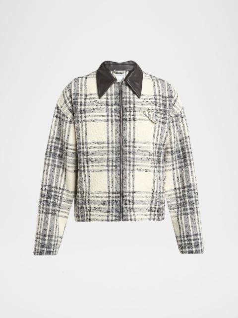Men's Leather-Collar Check Boucle Jacket