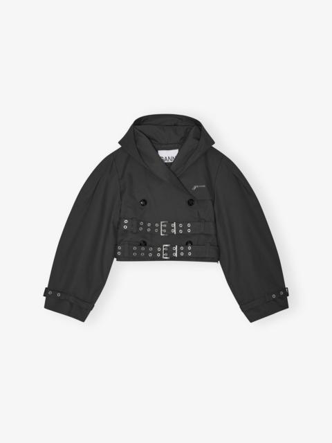 BLACK BONDED COTTON SHORT TRENCH JACKET