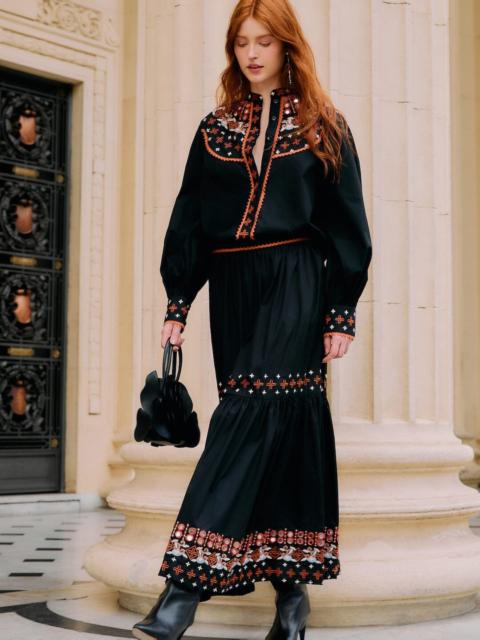 Black Embroidered Tiered Maxi Skirt