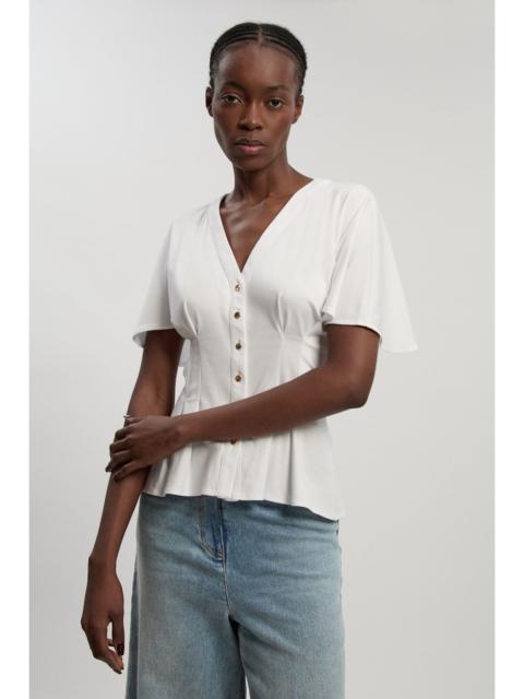 Jersey V Neck Button Detail  T - Shirt