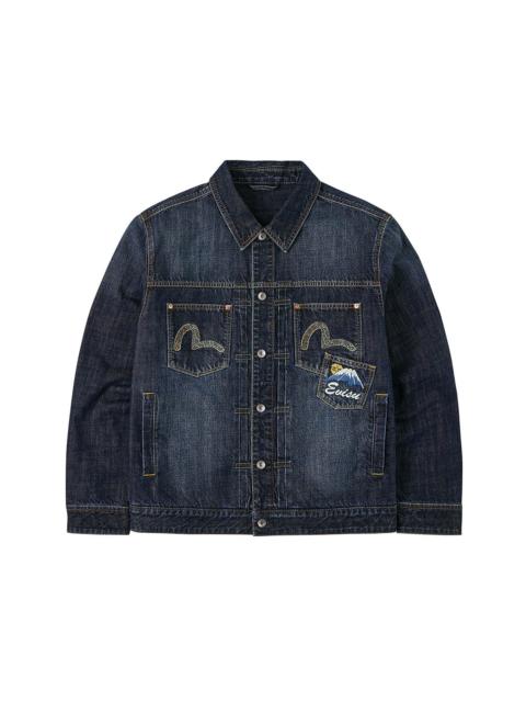 Washed Multi-Pocket with Lion Dance Print Relax Fit Denim Jacket