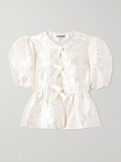 Bow-detailed Cloqué Peplum Blouse