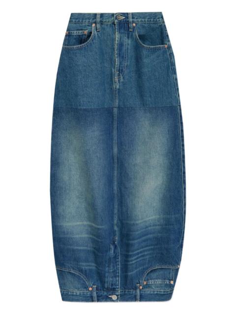 upside-down denim midi skirt