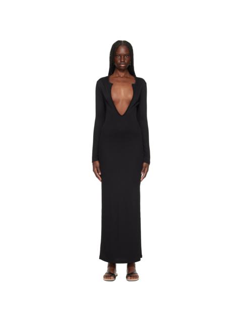 Black Concave Long Sleeve Rib Maxi Dress