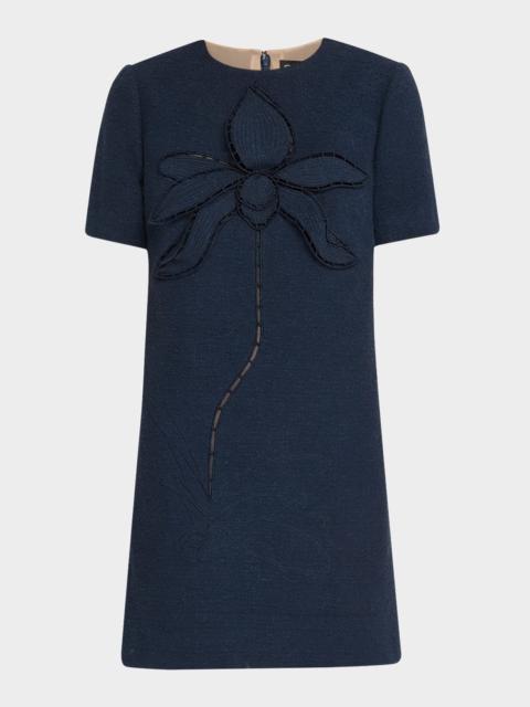 Floral Embroidered Short Cotton Tweed Shift Dress