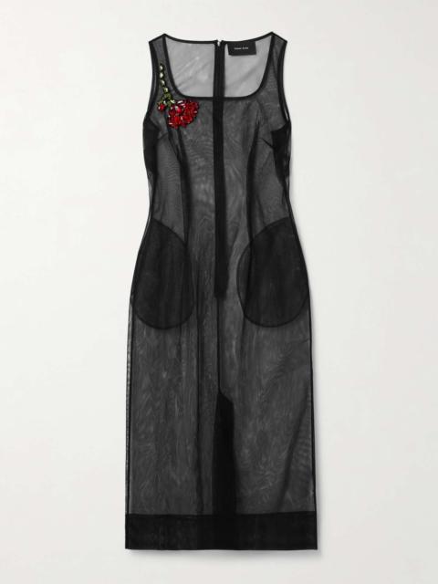 Crystal-embellished mesh midi dress Black