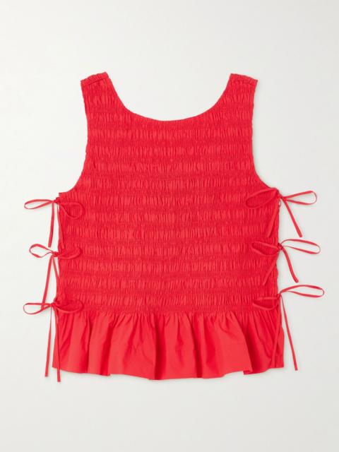 Tie-detailed ruffled shirred organic cotton-poplin tank Red