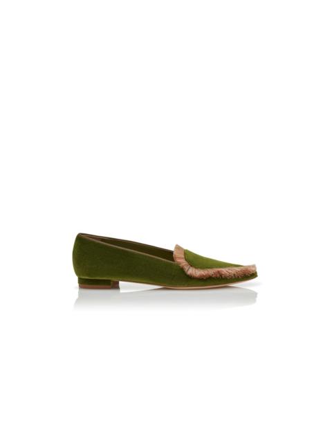 Green Velvet Fringe Detail Loafers