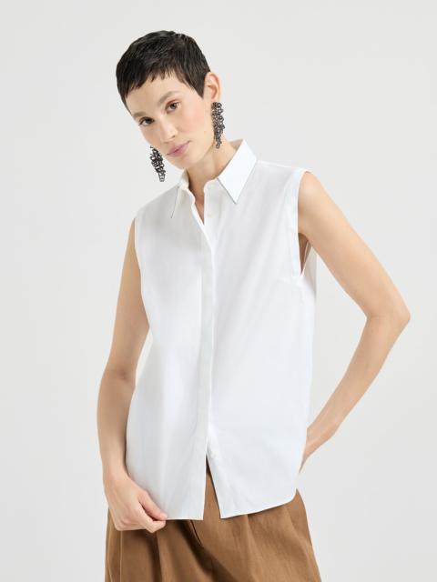 Stretch cotton poplin sleeveless shirt with shiny trim