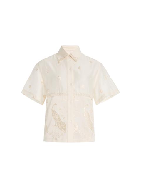 Ada Hand-Embroidered Sheer Cotton-Silk Shirt ivory