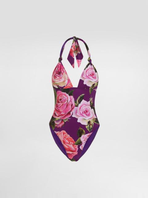 Rose-print one-piece V-neck swimsuit