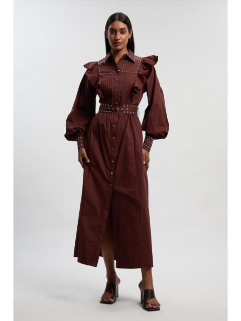 Cotton Sateen Drama Sleeve Studded Woven Maxi Shirt Dress