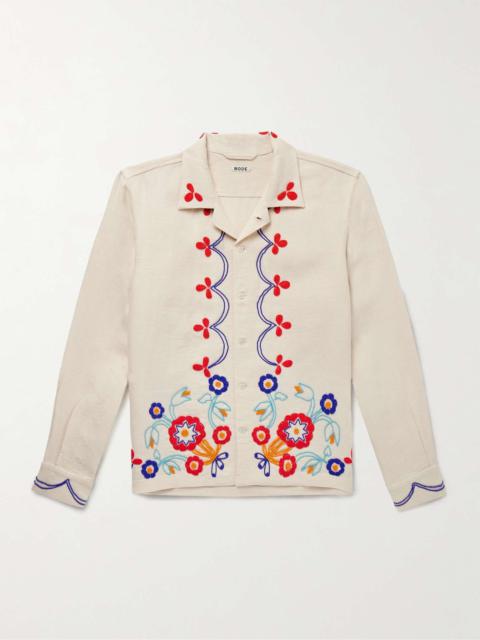Garden Party Camp-Collar Bead-Embellished Linen Shirt