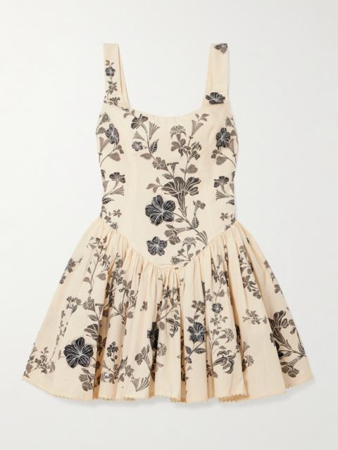 Pluma Guayacan Appliquéd Gathered Printed Cotton Mini Dress