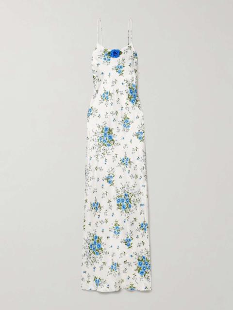 Embellished floral-print silk-satin maxi dress Blue
