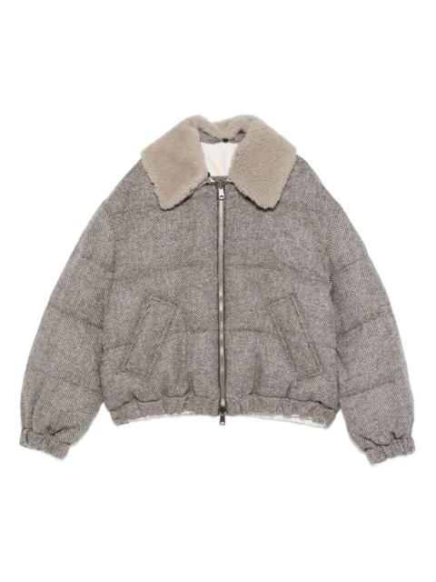 herringbone-pattern shearling-collar jacket
