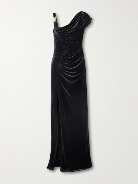 Embellished Ruched Stretch-velvet Gown