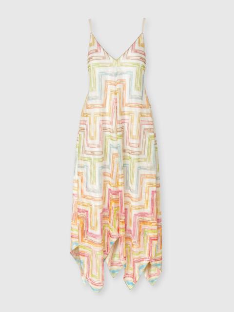 Long cover-up dress in printed tulle with scarf bottom