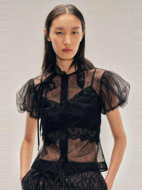 Embellished Sheer Offset Fragment Collar Puff Sleeve Shirt