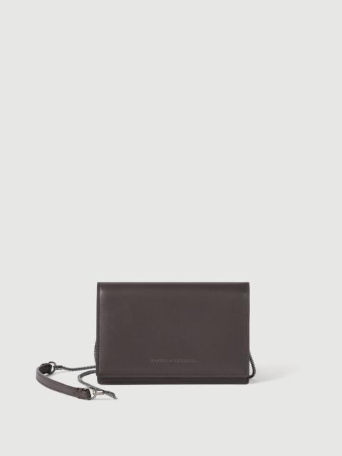 Calfskin wallet with detachable precious strap