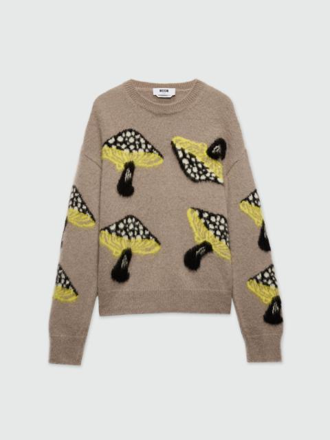 Gray brushed mohair sweater with "Fantastic Mushroom" jacquard pattern
