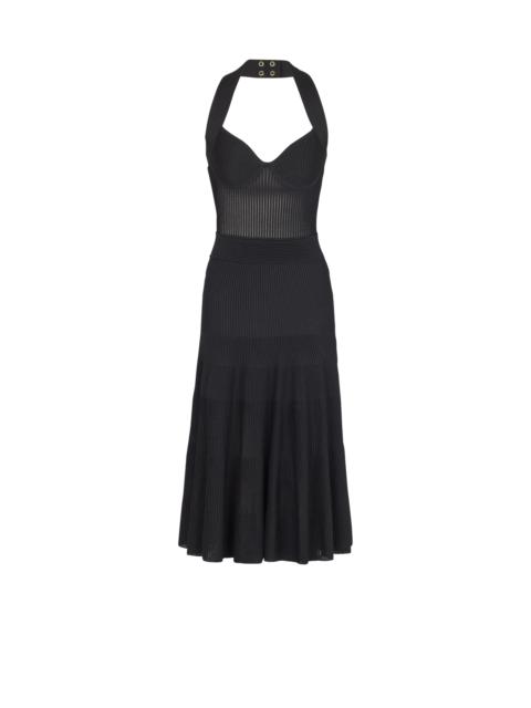 Halterneck pleated knit midi dress